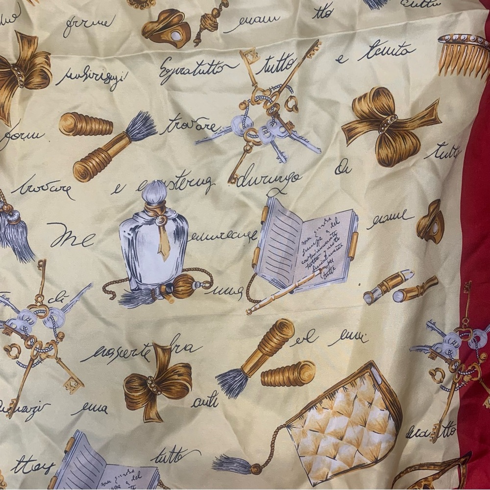 VTG Jones New York 100% Silk Rolled Edge Printed Scarf Perfume Tassel Key Square - Picture 3 of 11